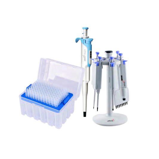Elegant Starter Pack 02: Includes 3 pipettes (2-20, 20-200, 100-1000µl), 3 matching tip boxes, a 5-place stand, hangers, & a pen/pencil set.