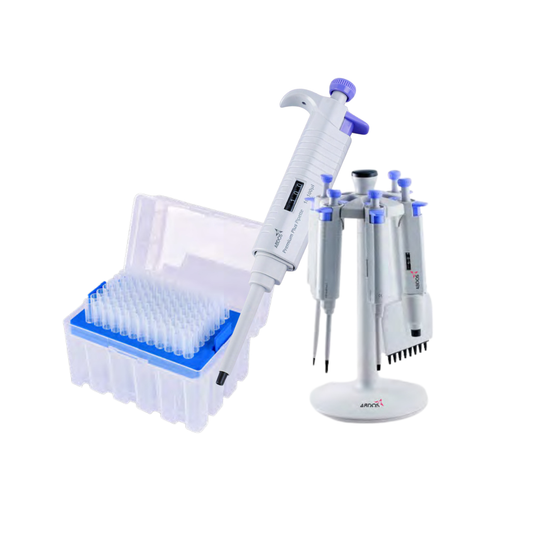 Premium Plus Starter Pack 02: Includes 3 pipettes (2-20, 20-200, 200-1000µl), 3 matching tip boxes, a 5-place stand, hangers, & a pen/pencil set.